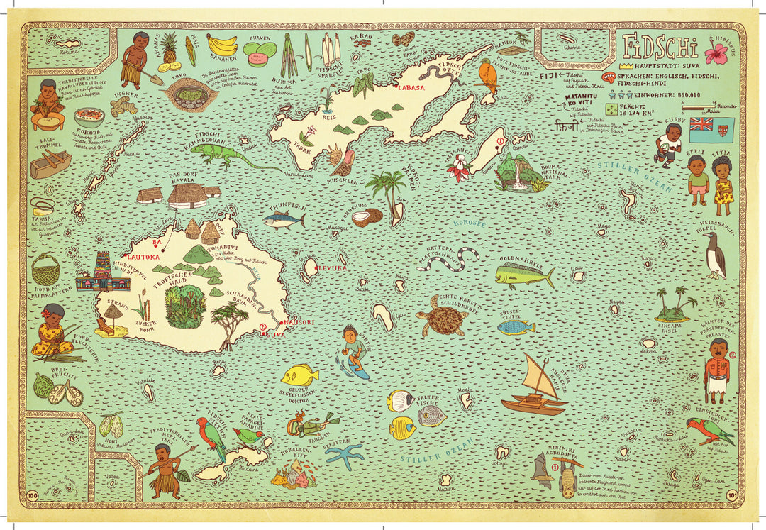 Eine illustrierte Version einer Karte der Fidschi Inseln. Zu sehen ist neben den Inseln auch viele Tiere wie Fische und Schildkröten im Meer. Außerdem noch Menschen und verschiedene Lebensmittel.