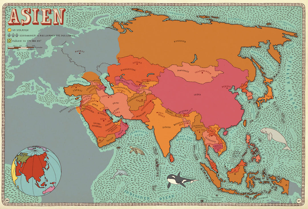Illustrierte Karte von Asien. Die einzelnen Länder sind in verschiedenen rot und orange Tönen markiert. Das Meer ist türkis gefärbt und es gibt noch kleinere Tiere als Illustration wie ein Delphin und eine Schildkröte die illustriert sind.