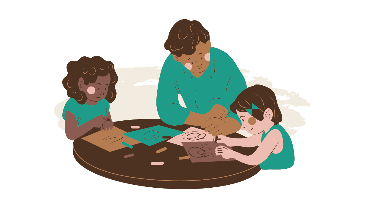 Eine Illustration zeigt eine Person, die mit zwei Kindern am Tisch sitzt und alle malen mit Buntstiften