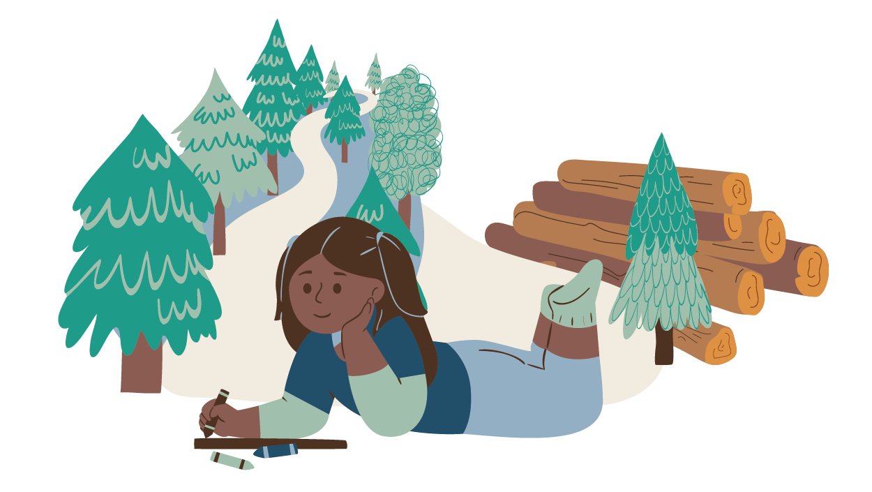 Eine Illustration zeigt ein Mädchen, welches mit Buntstiften malt. Im Hintergrund ist ein Wald und ein Holzstapel als Buntstiftzeichnung