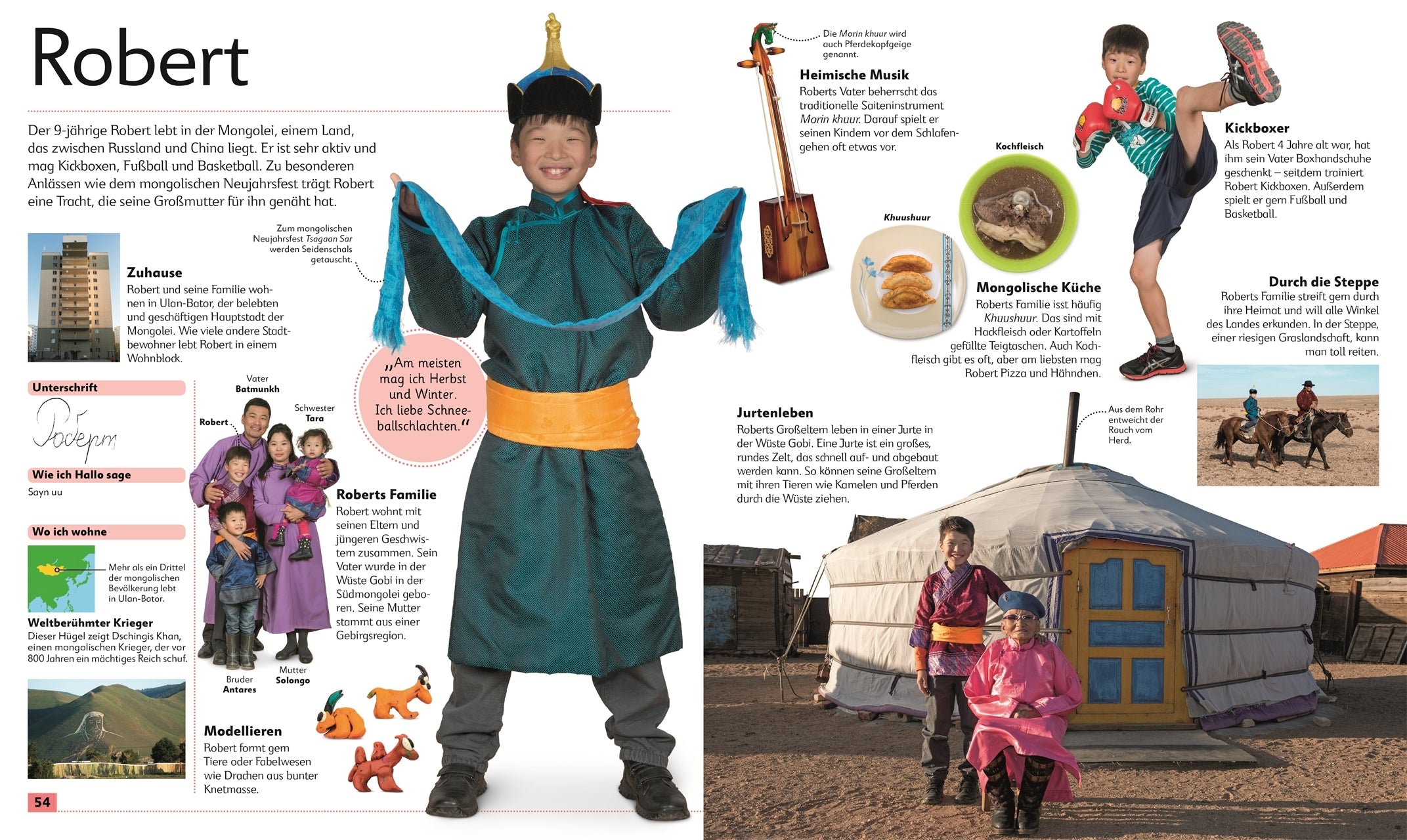 Doppelseite aus dem Kinderfoto Atlas "Kinder aus aller Welt". Die Überschrift lautet Robert und gezeigt wird ein Foto von einem Jungen aus der Mongolei mit traditioneller Kleidung. Außerdem noch weitere kleine Fotos von der Familie, dem Zuhause und dem Alltag von Robert.