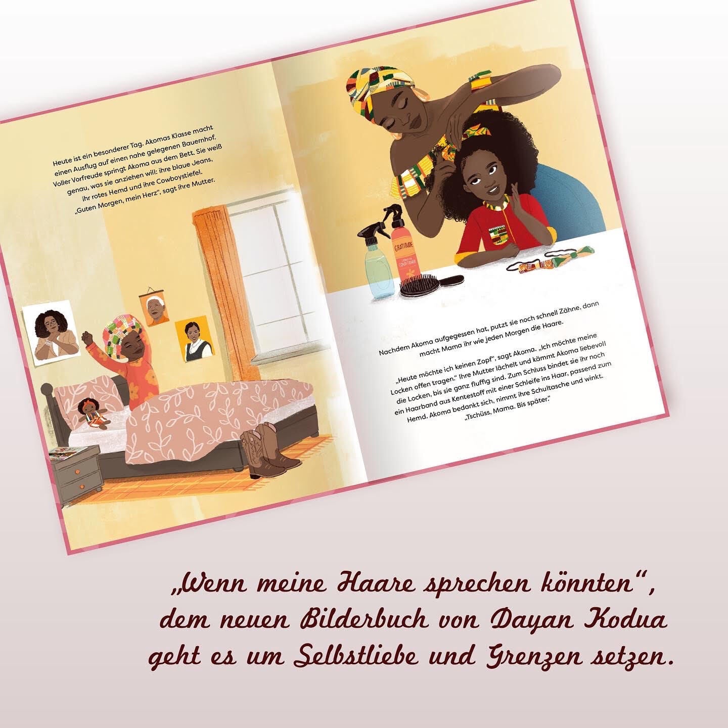 Die beiden Seiten aus dem Kinderbuch "Wenn meine Haare sprechen könnten" zeigt links die Illustration von einem Kinderzimmer und einem Bett. Ein Mädchen streckt sich im Bett. Auf der rechten Seite sitzt das Mädchen am Tisch und bekommt von einer Frau die Haare gemacht.