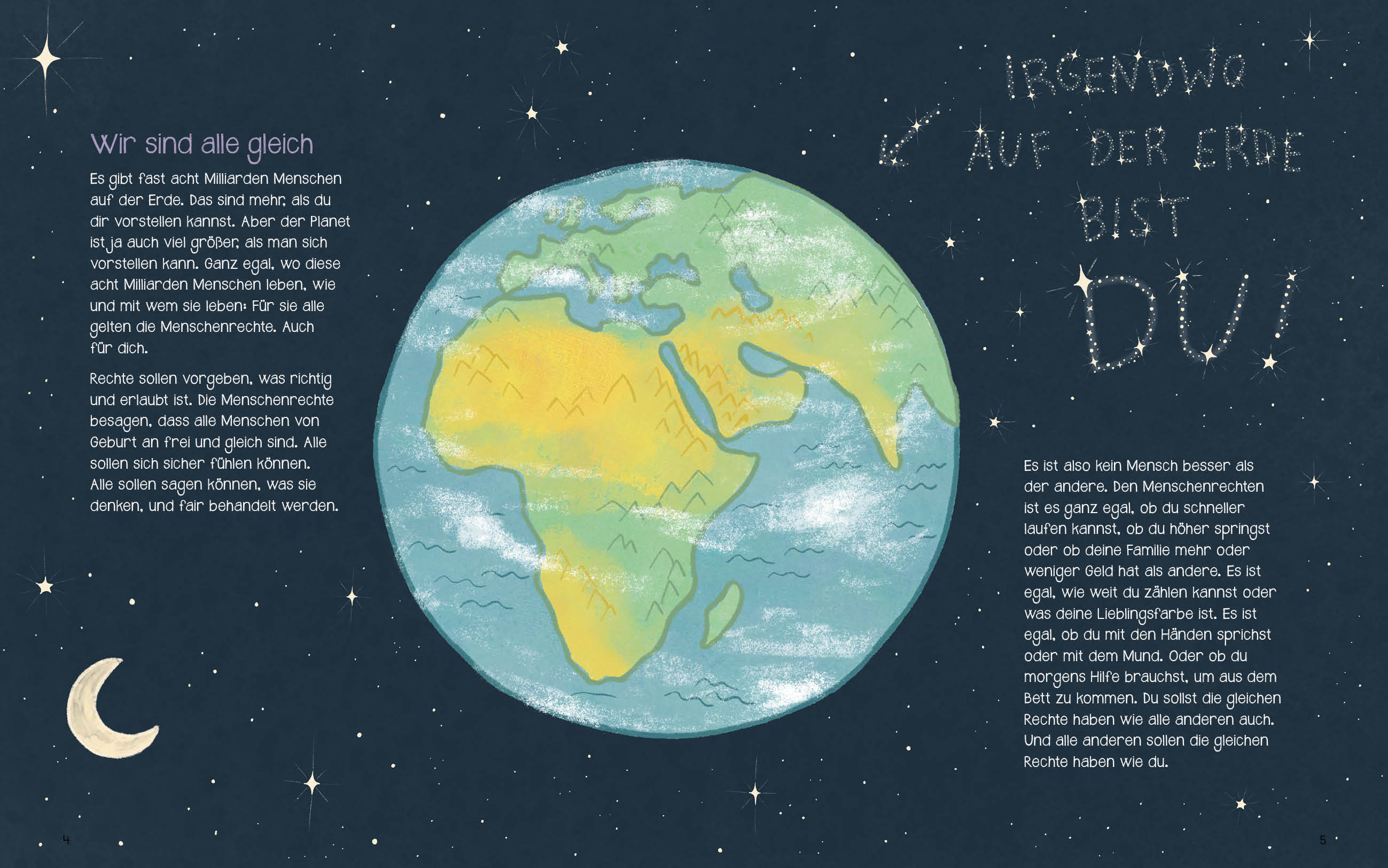 Doppelseite aus dem Kinderbuch "Steck mal in meiner Haut". In der Mitte eine illustrierte Grafik der Erde- Drumherum dunkelblauer Hintergrund und viele Sterne. 