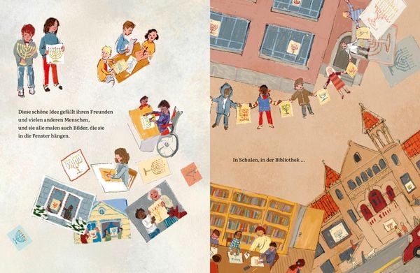 Leseprobe vom Buch Für jeden ein Licht. Auf der linken Seite sind mehrere grafisch illustrierte Szenen zu sehen in denen Erwachsene und Kinder eine Menora malen.