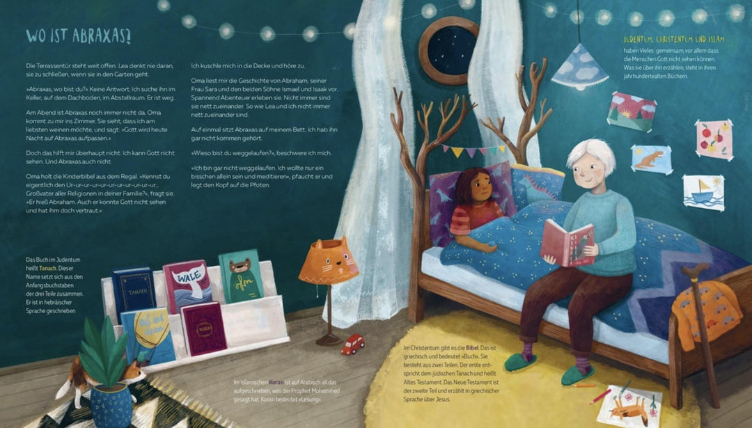 Doppelseite aus dem Buch Und doch sind alle Äpfel rund. Rechts im Bild ist ein Bett. In dem Bett liegt ein Mädchen und neben ihr liegt eine ältere Frau und liest ihr aus einem Buch vor. 