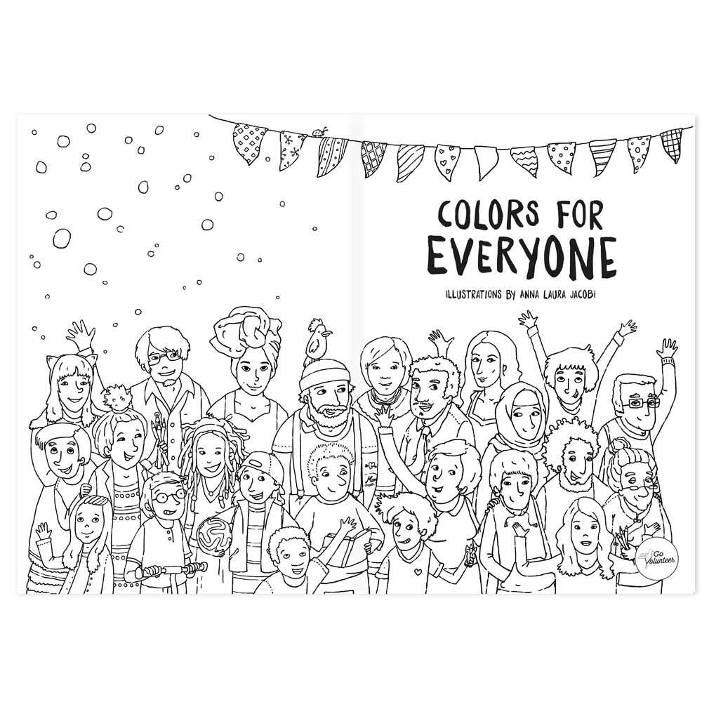 Bild einer diversen Gruppe von Menschen im Malbuch für alle englische Edition colors for everyone zum Ausmalen für Kinder