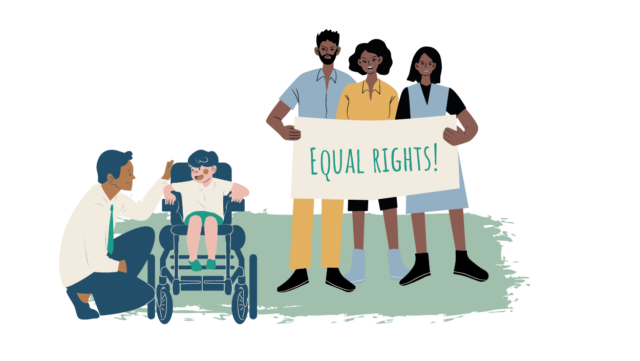 Ein Kind im Rollstuhl mit erwachsener Person daneben als digitale Illustration. Außerdem drei Personen die ein Schild hoch halten. Auf dem Schild steht "Equal Rights!".