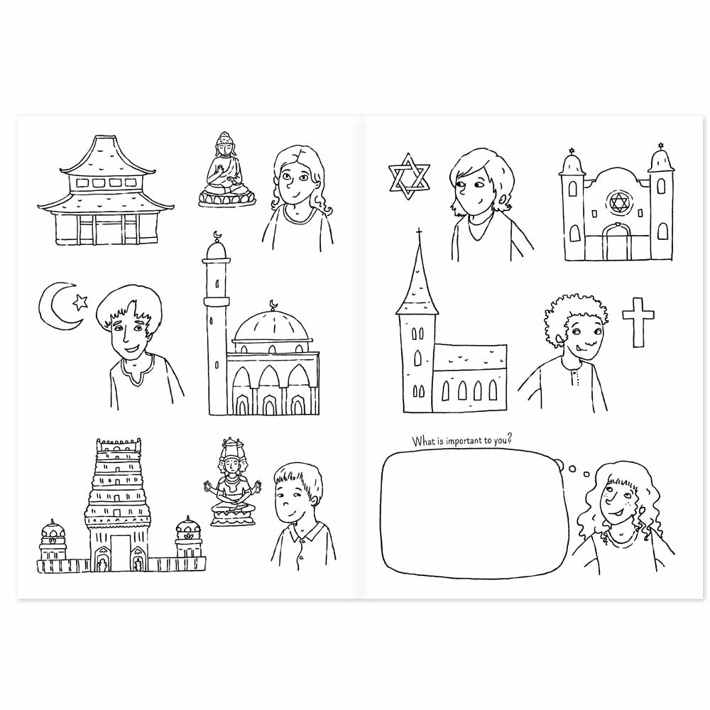 Excerpt of coloring book for diversity showing symbols of different religions - international edition