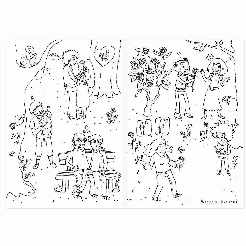 Excerpt of coloring book for diversity showing different people and scenes - international edition
